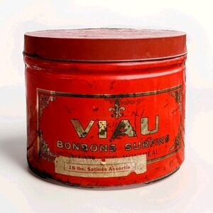 Vintage Viau Bonbon Red Tin Canister